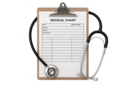 Medical chart and stethoscope on a clipboard showing patient information for healthcare and diagnosis, transparent background