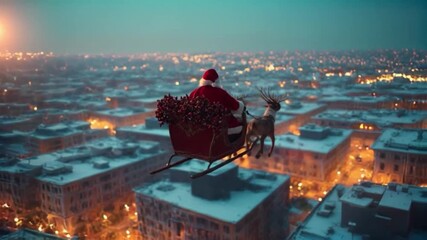 Santa Claus Flying Sleigh Over Snowy Cityscape Delivering Gifts at Dusk - Powered by Adobe