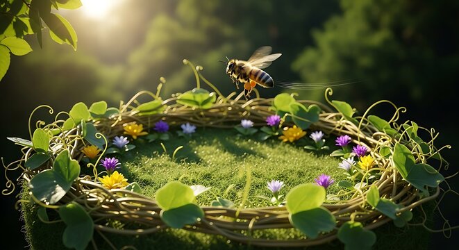 A bee lands on a floral wreath in a sunlit forest clearing.