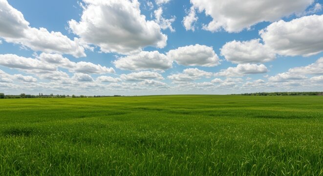 Lush Green Field Under a Cloudy Blue Sky - A Serene Landscape. - Powered by Adobe