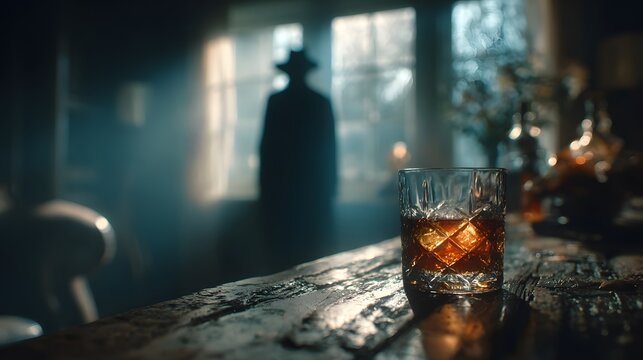 Crystal glass of whiskey sits on a rustic table in a dimly lit room, with the mysterious silhouette of a figure standing by a window in the back.