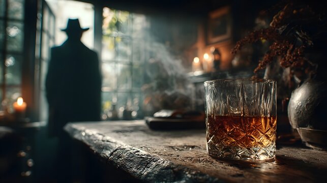 Crystal glass of whiskey sits on a rustic table in a dimly lit room, with the mysterious silhouette of a figure standing by a window in the back. - Powered by Adobe