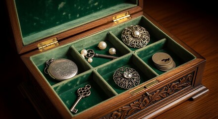 Antique wooden jewelry box filled with treasures.
