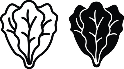Single Fresh Green Lettuce Or Cabbage Leaf Outline And Solid Vector Silhouette and Pictogram..eps