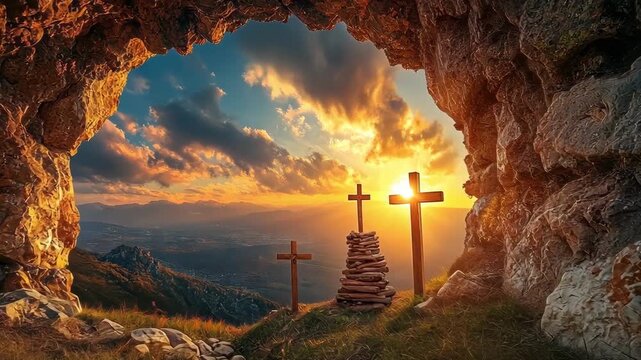 Three crosses stand silhouetted against a vibrant sunset, viewed from a cave.