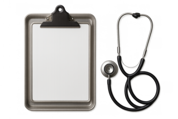 Clipboard with blank paper and a medical stethoscope, symbolizing healthcare, diagnosis, and patient information on transparent background