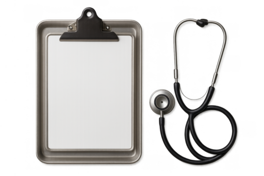 Clipboard with blank paper and a medical stethoscope, symbolizing healthcare, diagnosis, and patient information on transparent background