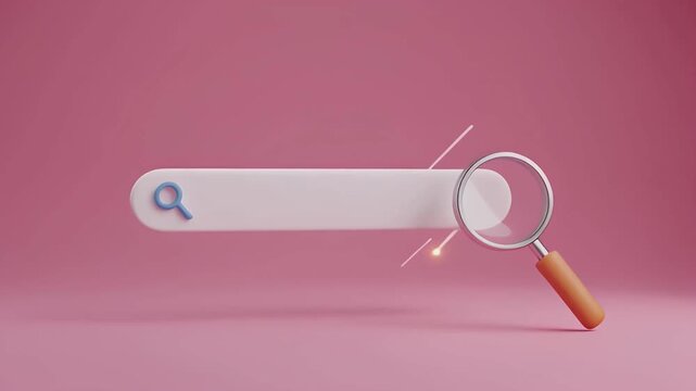 3D render of a search bar with a magnifying glass on a pink background, symbolizing online search, data discovery, and digital technology concepts.