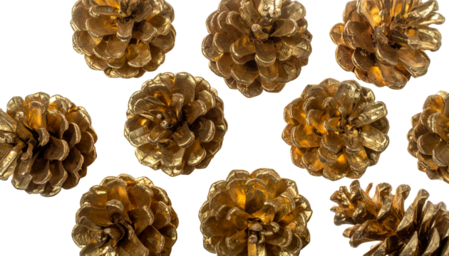 Pattern of Gold Metallic Painted Pinecones Isolated on Transparent Background