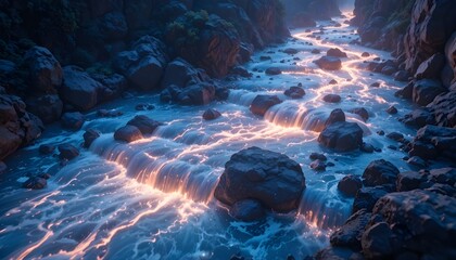 A glowing river that becomes a data stream when seen from above — nature vs. information flow.
