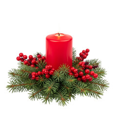 Festive red candle with evergreen boughs and bright red berries creates a warm, inviting holiday centerpiece for celebrations