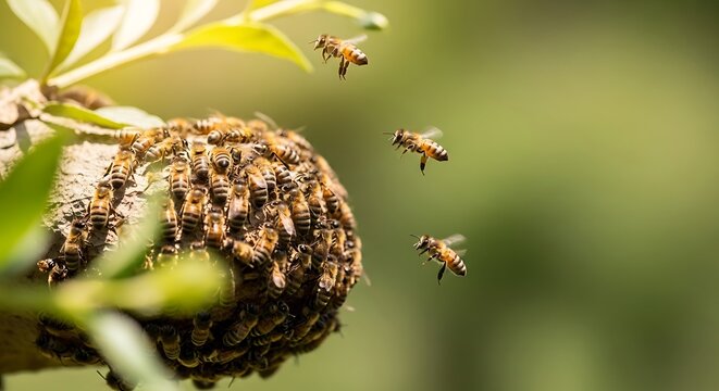 A Swarm of Bees Building a Nest on a Tree Branch.
