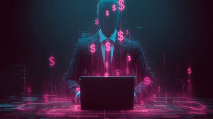 Anonymous digital businessman with laptop in dark neon light. Concept of cryptocurrency, AI trading, and hidden profit.