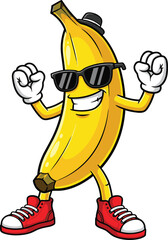 Funny cartoon banana character, cool fruit illustration, vector drawing with sunglasses, stylish food artwork, playful mascot design, cad drawing flat vector illustration