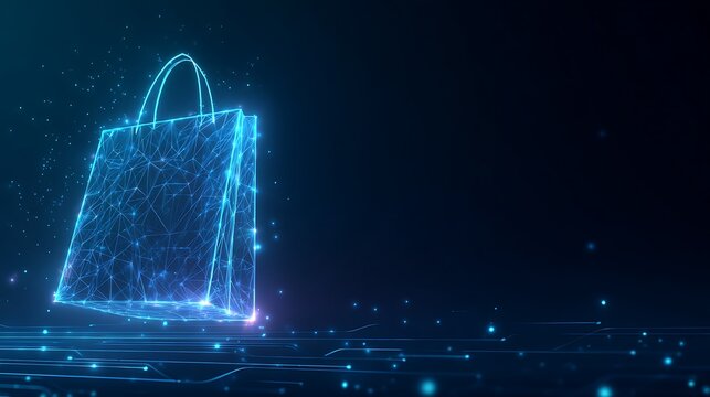 Futuristic e-commerce shopping bag made of glowing low poly mesh floating over digital circuit surface with copy space.