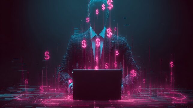 Anonymous digital businessman with laptop in dark neon light. Concept of cryptocurrency, AI trading, and hidden profit.