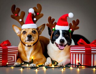 Two Festive Dogs Celebrating Christmas with Gifts and Lights