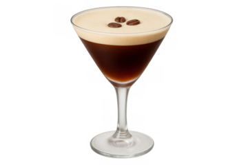 Espresso martini cocktail presenting a dark liquid, creamy foam, and coffee beans, offering a refreshing alcoholic beverage. Transparent background