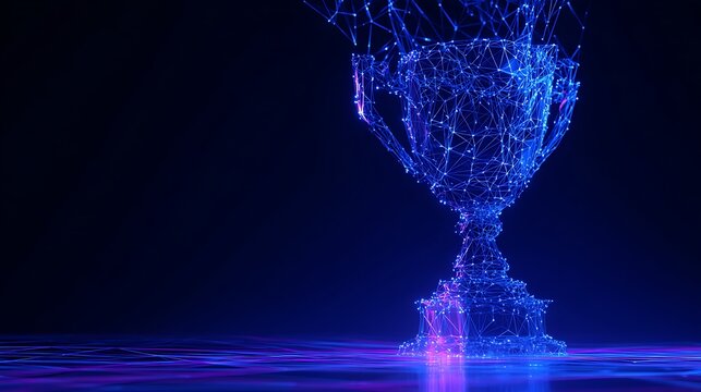 Futuristic trophy made of glowing digital low poly mesh. Concept of e-sports championship, victory, and technological achievement.