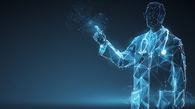 Futuristic doctor in wireframe coat pointing at virtual screen. Concept of telemedicine, AI diagnosis, and digital health.