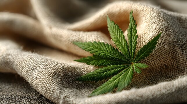 Fresh, green cannabis leaf rests on a piece of natural, light-colored hemp fabric, its gentle wrinkles creating soft shadows and a simple texture.