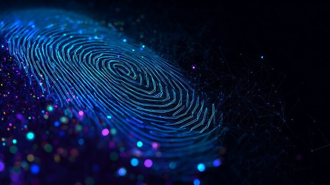 Futuristic glowing digital fingerprint. Concept of biometric authentication, data security, personal identity, and access control. - Powered by Adobe