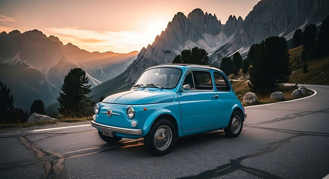 Classic Blue Fiat 500 Driving on Scenic Mountain Road at Sunset.