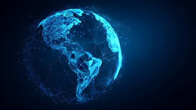 Futuristic blue digital Earth globe made of glowing wireframe network. Concept of worldwide data, global communication, and internet.