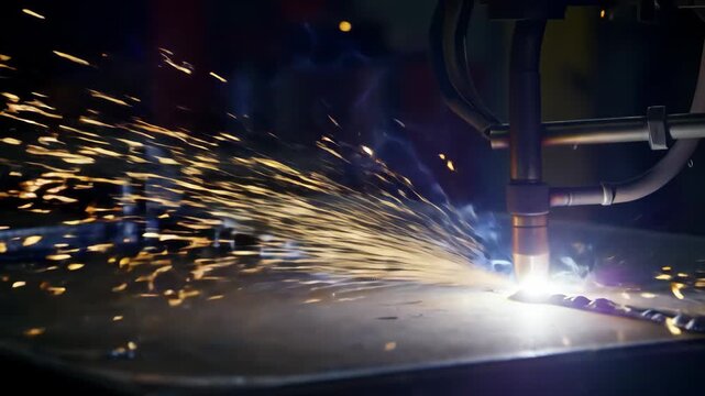 Metal sheet cutting with sparks and smoke in a workshop, ideal for industrial illustrations