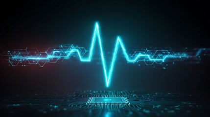 Futuristic neon pulse trace (ECG) rising from a microchip. Concept of digital health, AI diagnosis, and vital signs monitoring.