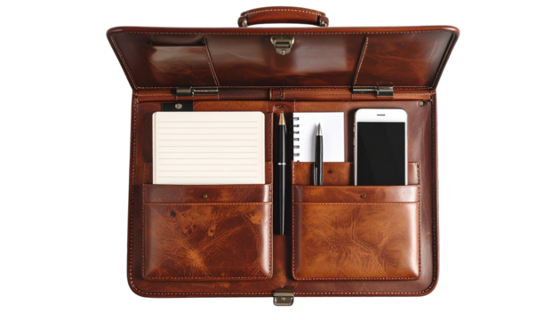 Open Brown Leather Briefcase Organizer Flat Lay with Phone, Notebook, and Pen Isolated