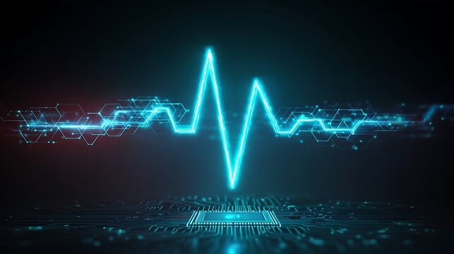 Futuristic neon pulse trace (ECG) rising from a microchip. Concept of digital health, AI diagnosis, and vital signs monitoring.