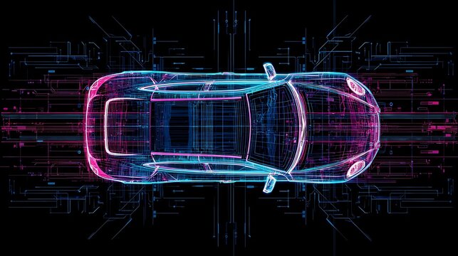 Futuristic autonomous car top view made of glowing digital lines and neon circuits. AI transport and future mobility concept.