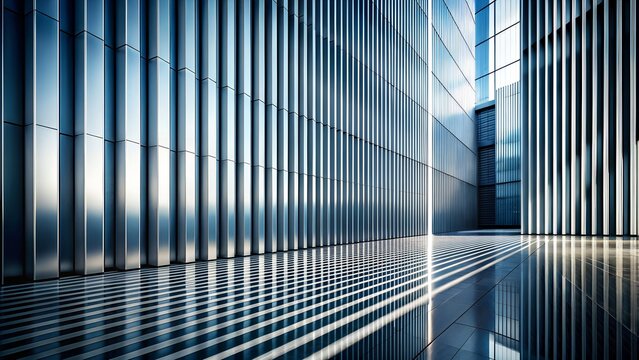 Modern architectural perspective of a sleek building facade with vertical metallic panels and geometric shadows on a reflective floor