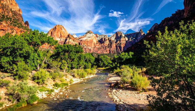 A vibrant scenic view of a river snaking through a canyon, with towering red rock formations and lush green trees under a blue sky
