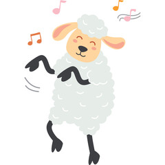 Joyful cartoon sheep dancing happily surrounded by musical notes on a transparent background