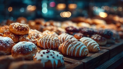 Lavish and abundant display of assorted fresh pastries on a bakery counter, including beautifully detailed croissants, danishes, and cinnamon rolls.