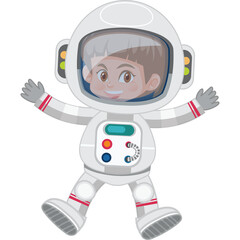 Joyful Child Astronaut in a White Spacesuit with Red Accents and Helmet Visor Reflecting Cosmic Colors Isolated on Transparent Background