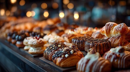 Lavish and abundant display of assorted fresh pastries on a bakery counter, including beautifully detailed croissants, danishes, and cinnamon rolls.