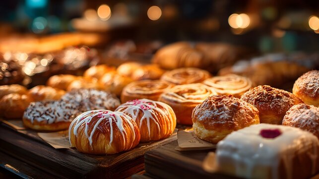 Lavish and abundant display of assorted fresh pastries on a bakery counter, including beautifully detailed croissants, danishes, and cinnamon rolls.