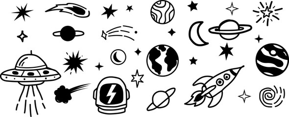 Hand drawn space theme vector illustration set with UFOs, rockets, planets, stars, comets, and astronauts in a doodle art style. 