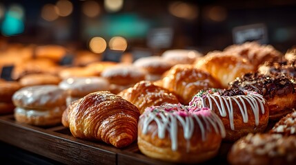 Lavish and abundant display of assorted fresh pastries on a bakery counter, including beautifully detailed croissants, danishes, and cinnamon rolls.