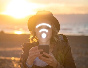 A woman in a hat at the beach holds a smartphone. A Wi-Fi signal graphic illuminates her face, the sun sets in the background