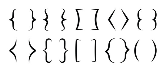 Black bracket set. Different Text brackets, braces, quote, text box icons set. Curly punctuation decorations, decent parenthesis vector kit.