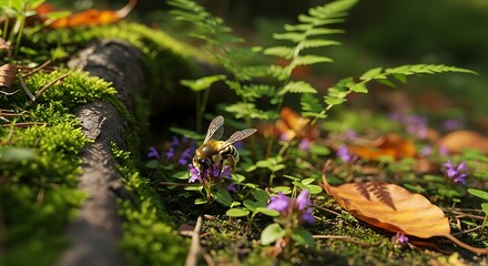 Bee collecting nectar from a small purple flower in a mossy forest setting.