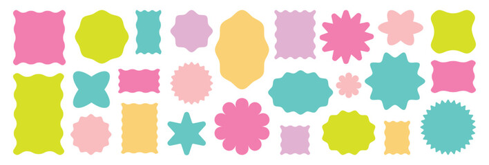 Collection of colorful round and oval, rectangular and square, circle shapes with curvy edges. Empty scalloped box, sticker, tag or label templates isolated on white background.