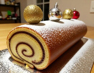 Festive Yule Log Cake with Decorative Ornaments on Table