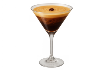 Espresso martini cocktail in a clear martini glass, a coffee beverage with a floating coffee bean, on a transparent background
