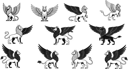 Griffin mythical creature silhouette, heraldic fantasy beast vector, eagle lion hybrid illustration, majestic symbol design, cad drawing flat vector illustration