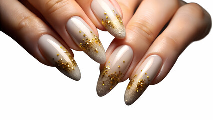 Closeup of a womans hand with elegant stiletto nails adorned with nude polish and sparkling gold glitter, isolated on transparent background